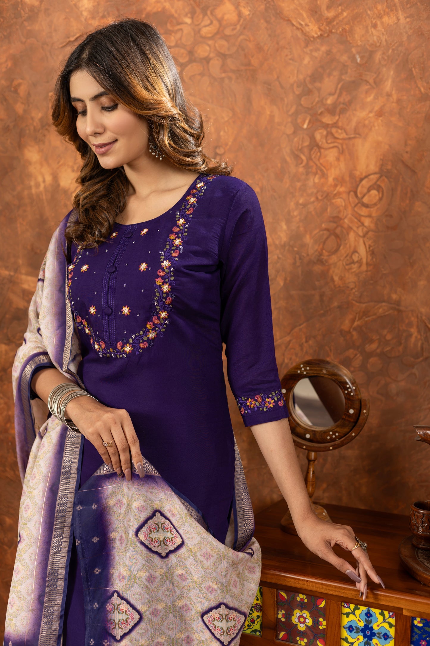 Deep Purple Hand Embroidered Marina Silk Suit Set with Muslin Dupatta