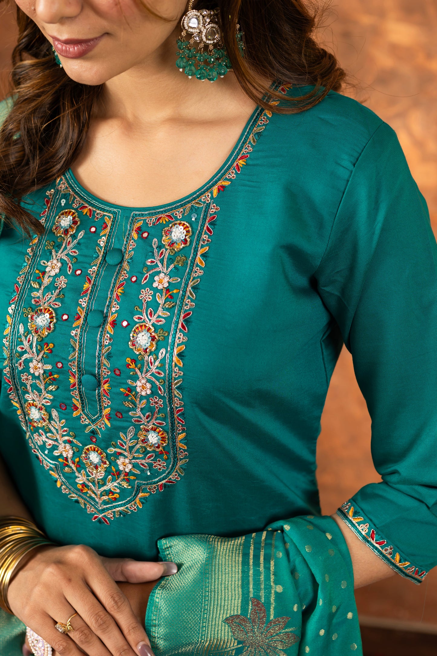 Rama Green Hand Embroidered Marina Silk Suit Set with Viscose Mina Dupatta