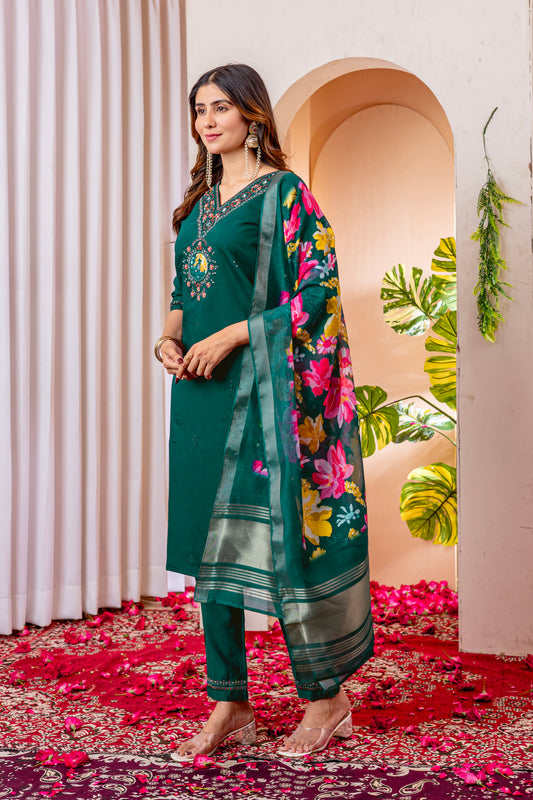 Forest Green Embroidered Marina Viscose Silk Suit Set with Floral Chanderi Dupatta