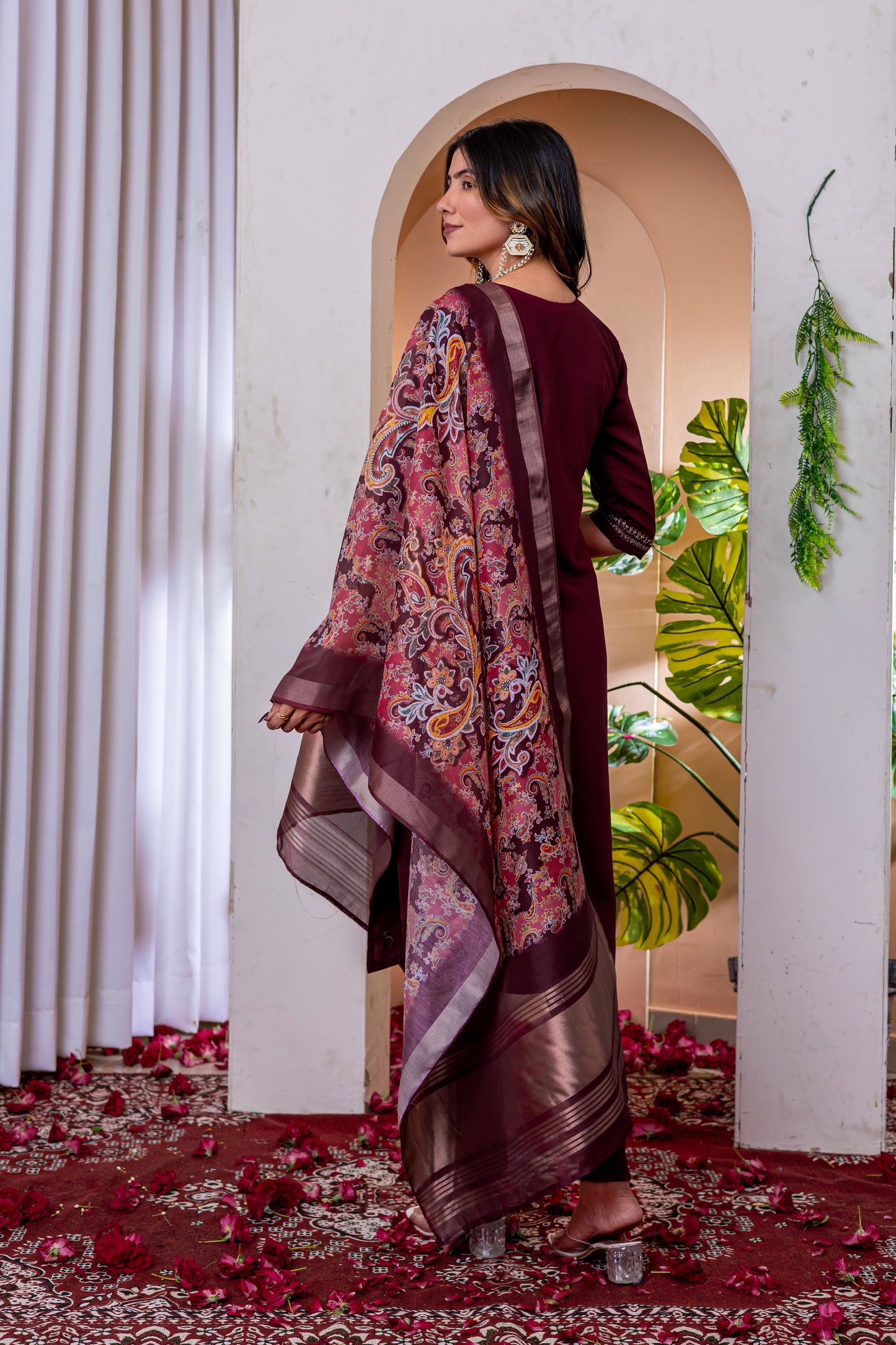 Deep Wine V-Neck Marina Viscose Silk Suit Set with Printed Chanderi Dupatta