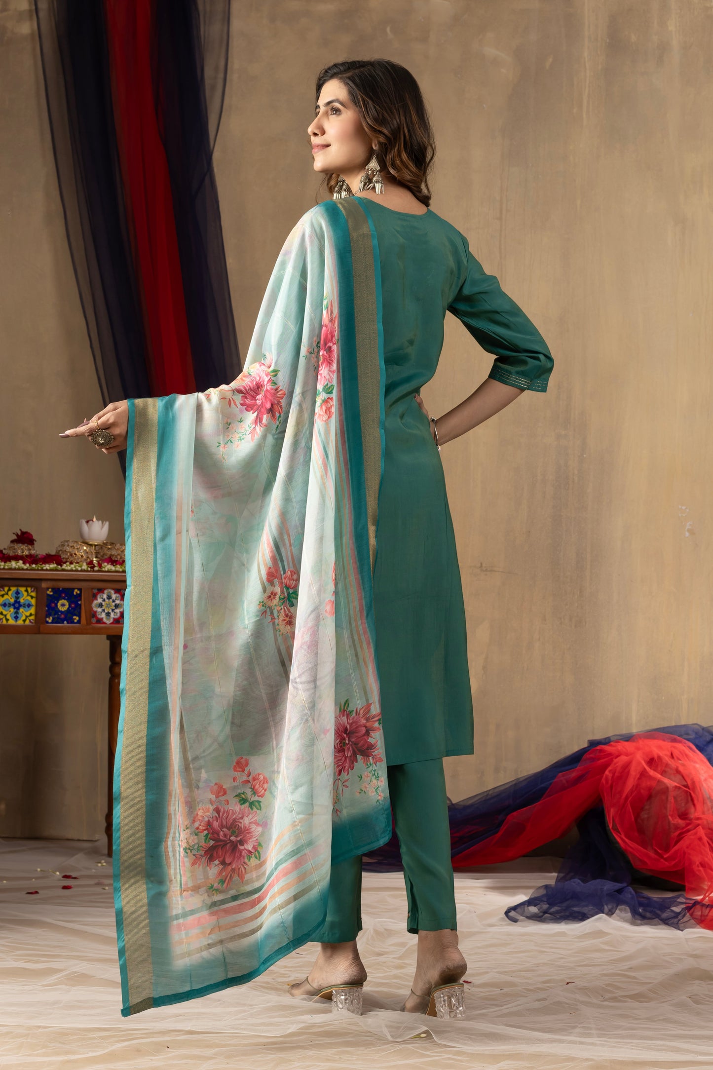 Rama Green Embroidered Shimmer Silk Suit Set with Digital Print Muslin Dupatta