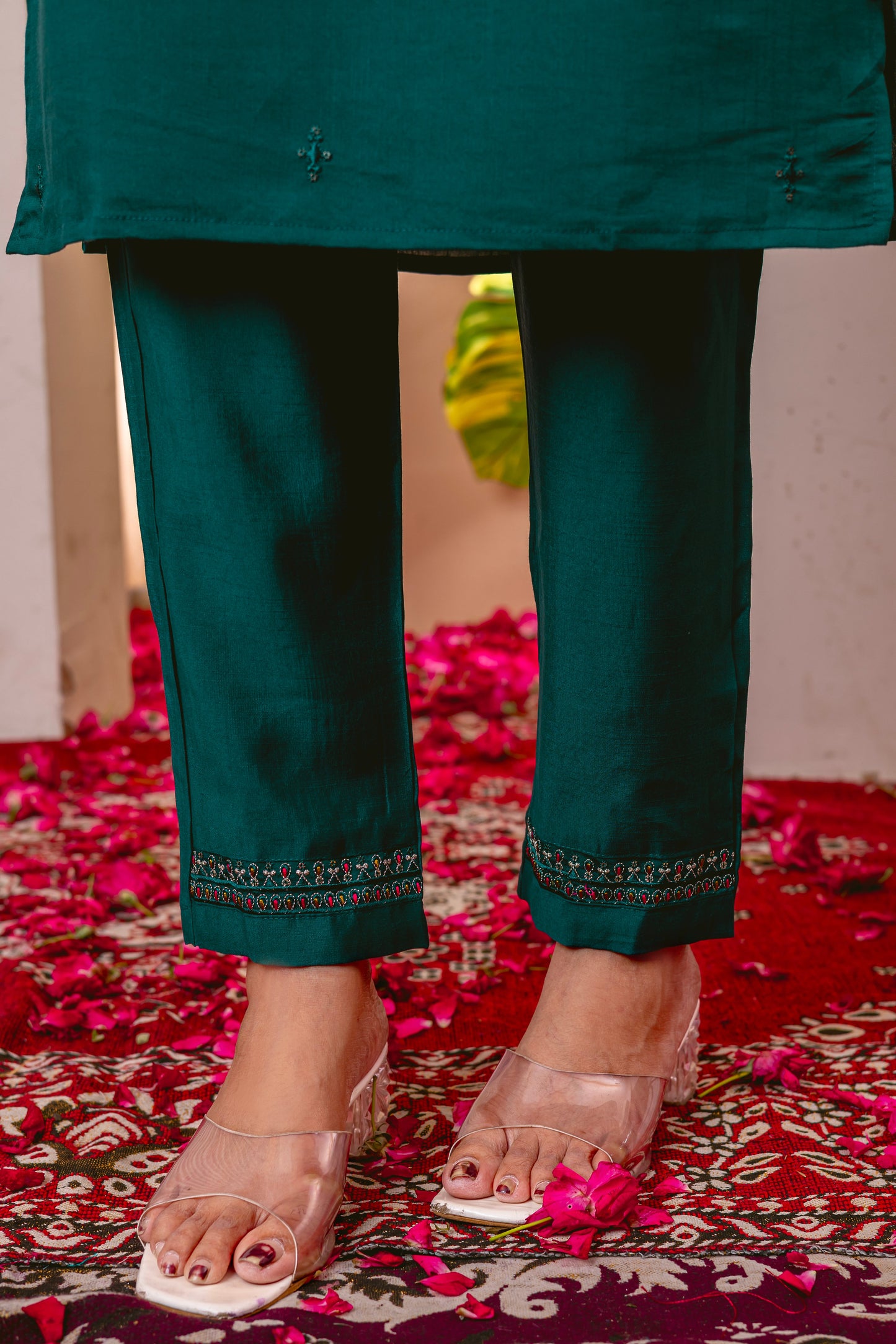 Forest Green Embroidered Marina Viscose Silk Suit Set with Floral Chanderi Dupatta
