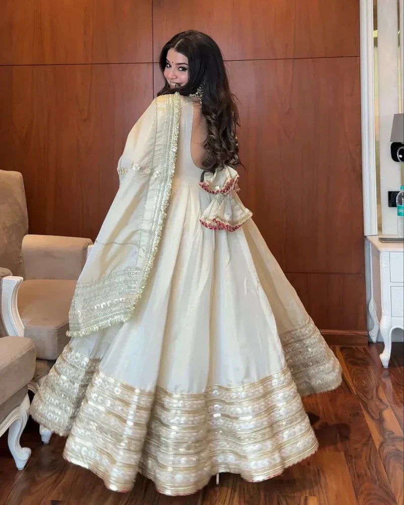 Off-White Premium Silk Anarkali Suit Set with Heavy Gold Border