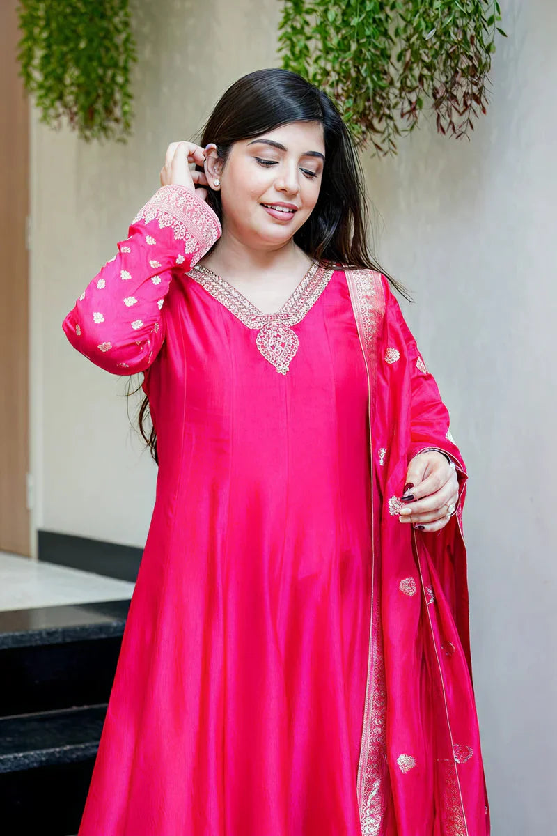 Rani Pink Premium Banarasi Anarkali Suit Set with Handwork & Zari Flare
