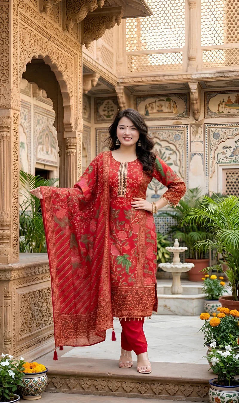 Crimson Red Floral Printed Straight Suit Set with Dupatta