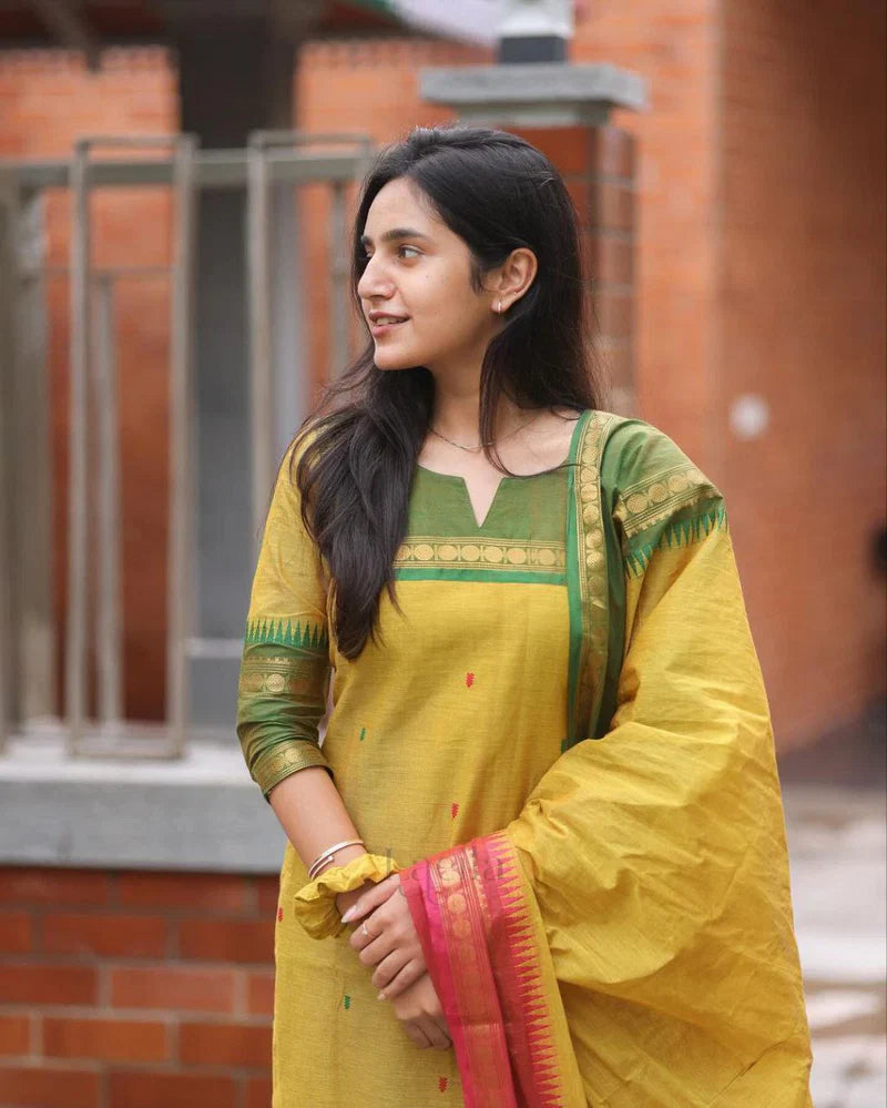 Mustard Yellow Cotton Silk Suit Set with Contrast Woven Borders