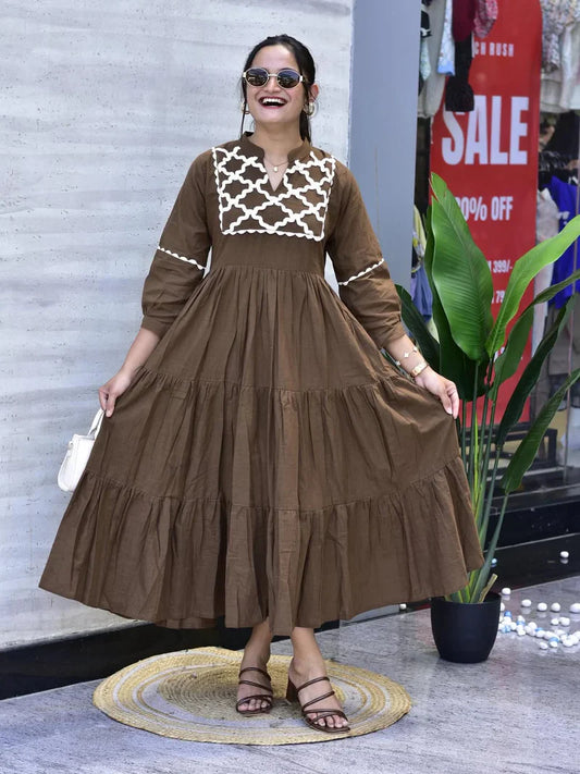 Brown Premium Jaipuri Cotton Gown with Hand Embroidery & Bagru Print
