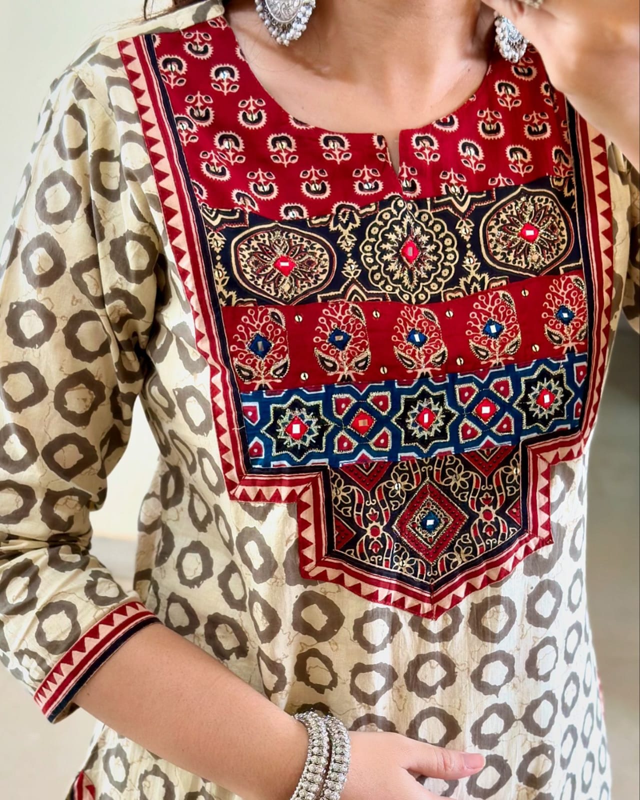 Premium Ajrakh Print Muslin Suit Set with Khatli Mirror Work & Mul Cotton Dupatta