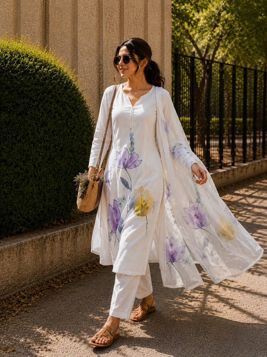 Premium White Floral Hand-Painted Mulmul Linen Suit Set with Dupatta