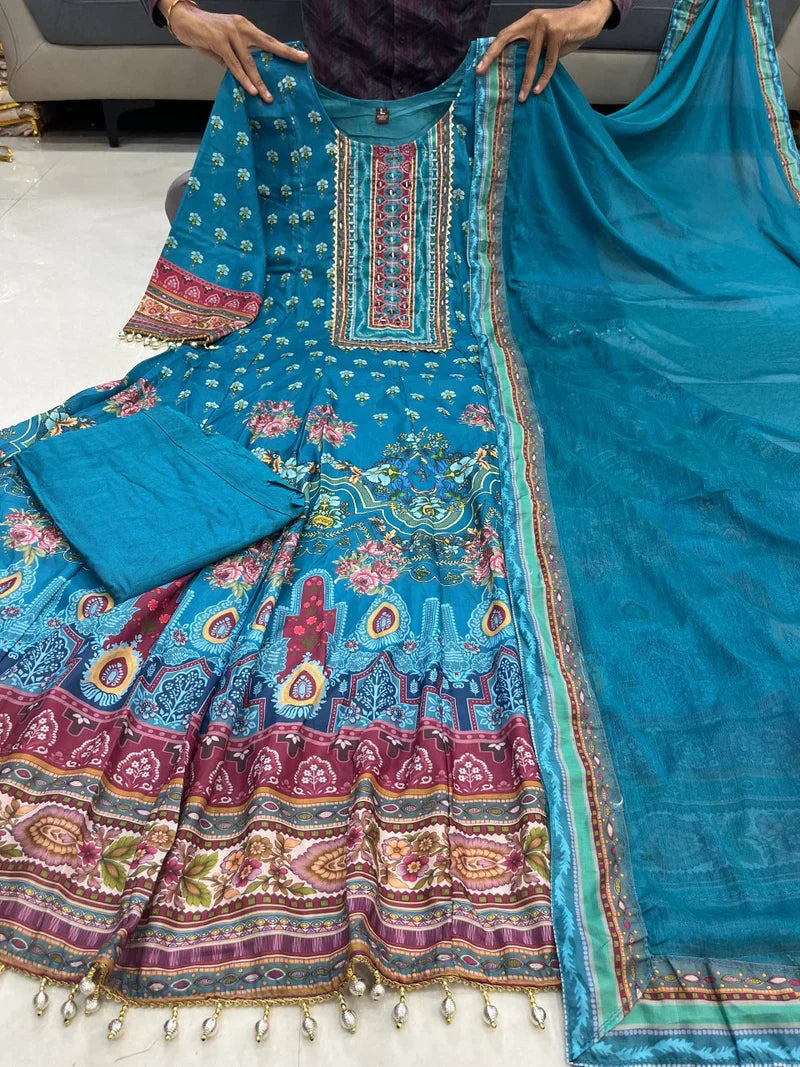 Teal Blue Rajasthani Printed Chinon Anarkali Suit Set