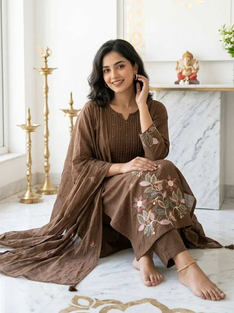 Premium Chocolate Brown Embroidered Cotton Blend Kurti & Pant Set with Dupatta