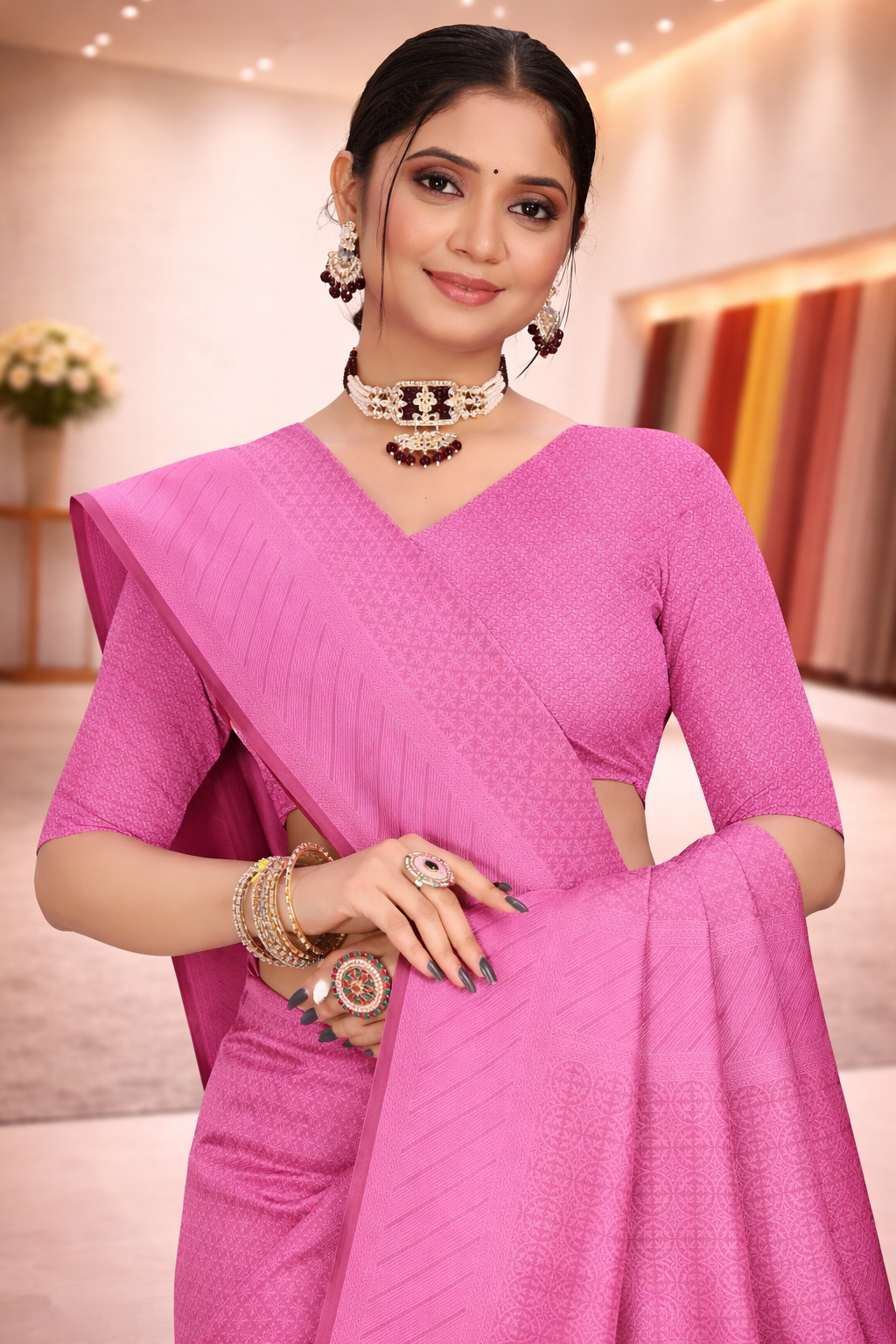 Close-up portrait of a woman looking elegant in a vibrant gulabi pink solid art silk saree