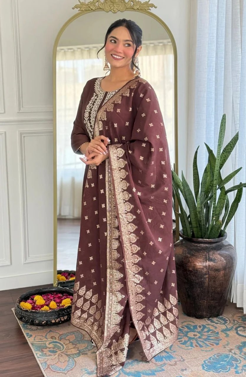 Premium Chocolate Brown Embroidered Cotton Blend Suit Set with Jacquard Dupatta