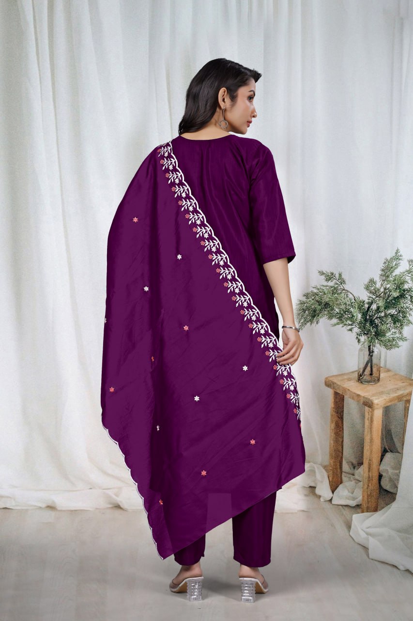 Premium Deep Purple Embroidered Vertical Cotton Suit Set with Scalloped Dupatta