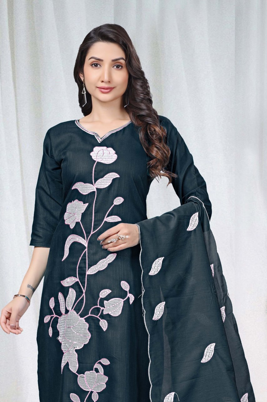 Premium Charcoal Black Floral Embroidered Vertical Cotton Suit Set