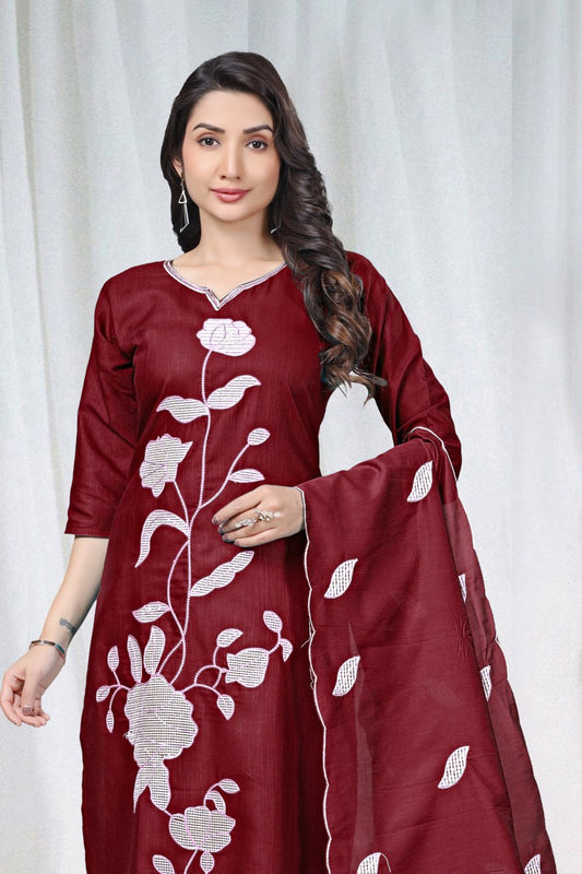 Premium Maroon Floral Embroidered Vertical Cotton Suit Set
