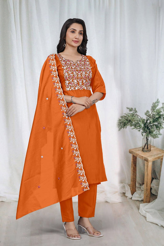 Premium Orange Embroidered Vertical Cotton Suit Set with Scalloped Dupatta