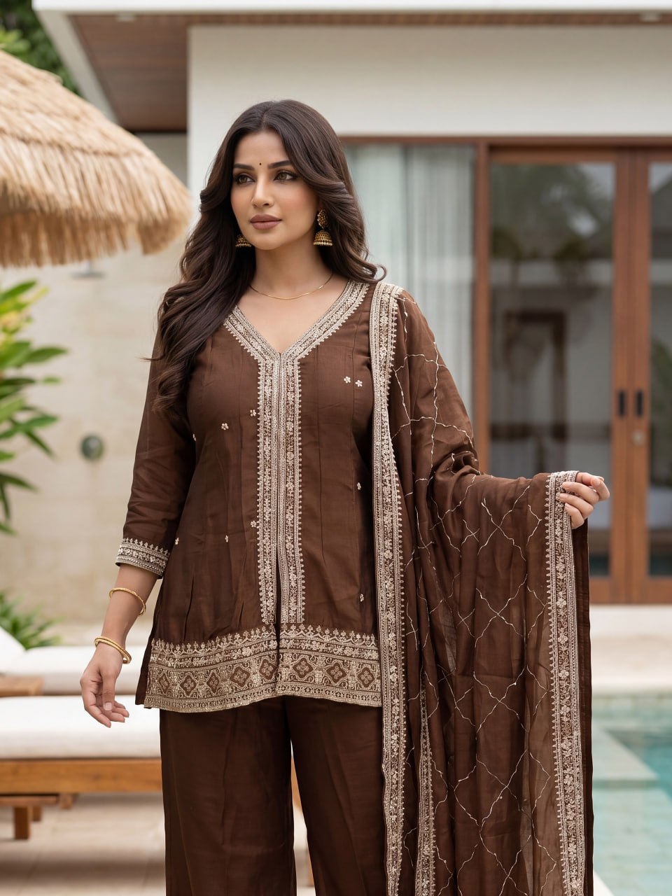 Premium Chocolate Brown CP Vichitra Silk Sequence Work Kurti & Pant Set
