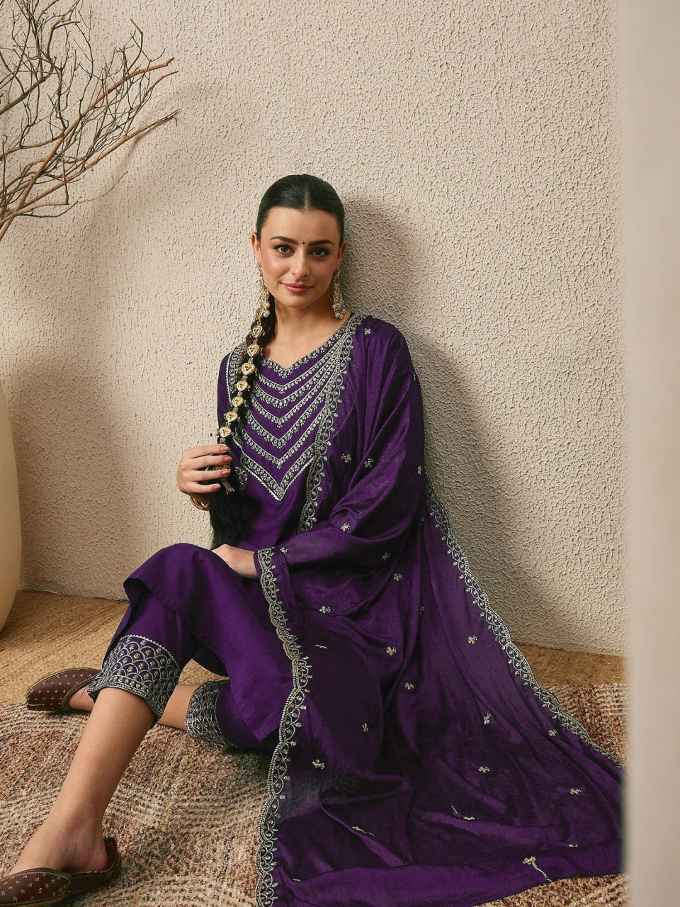 Premium Embroidered Roman Silk Suit Set with Scalloped Dupatta