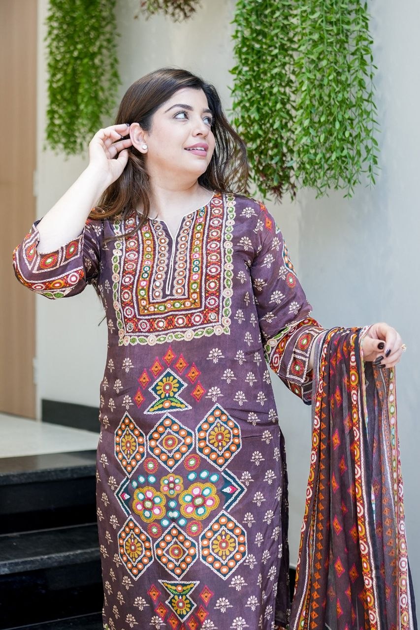 Designer Pure Burbary Silk Embroidered Suit Set with Chanderi Dupatta