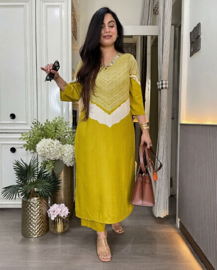 JOYA Premium Mustard Yellow Cotton Slub Kurti & Pant Set