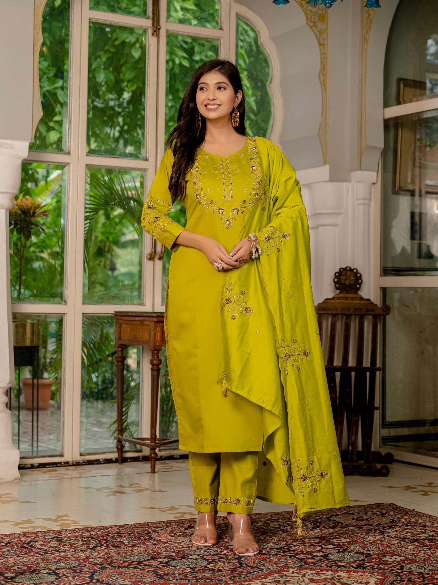 Mustard Yellow Embroidered Marina Silk Suit Set with Maslin Dupatta