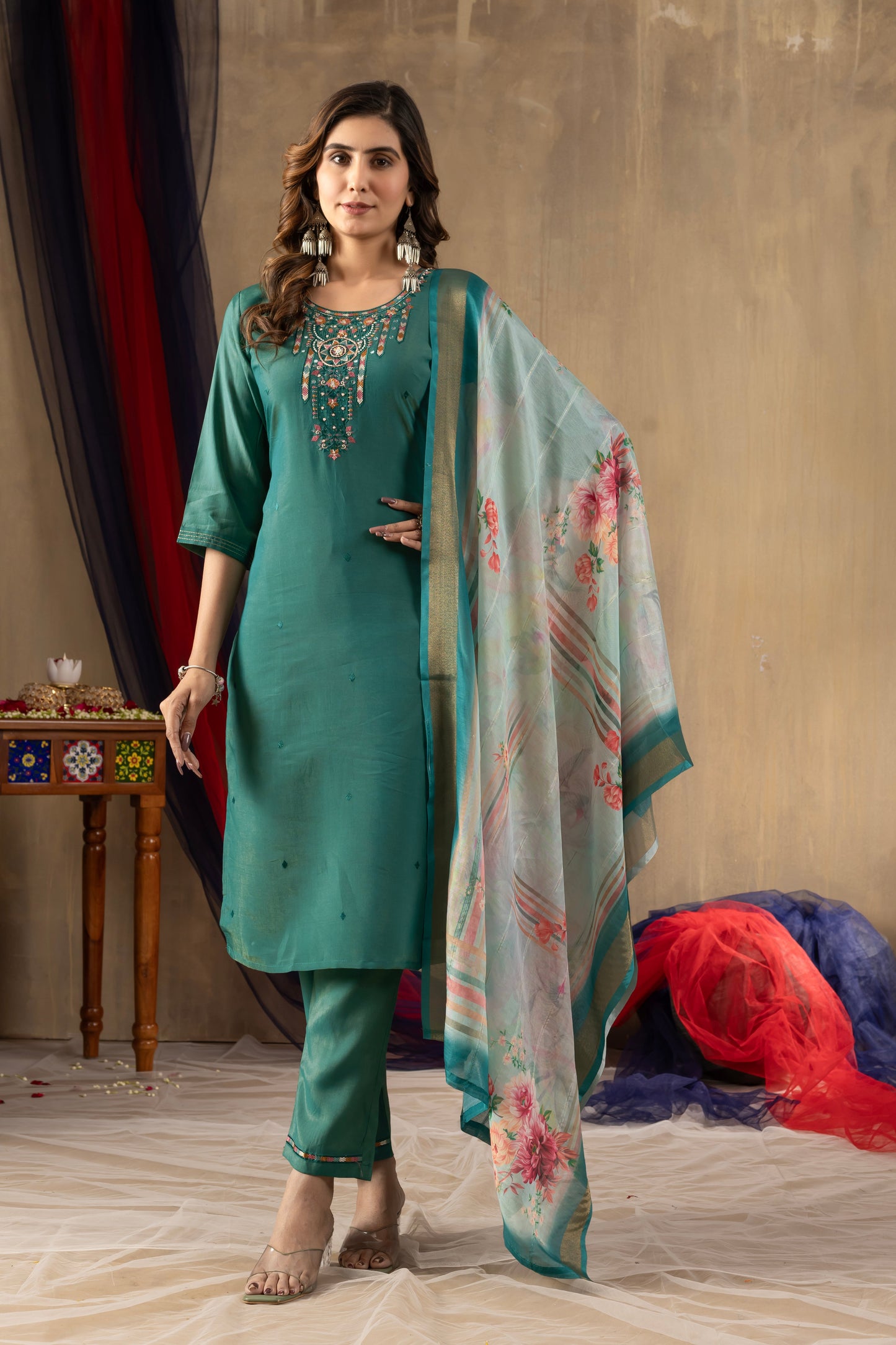 Rama Green Embroidered Shimmer Silk Suit Set with Digital Print Muslin Dupatta