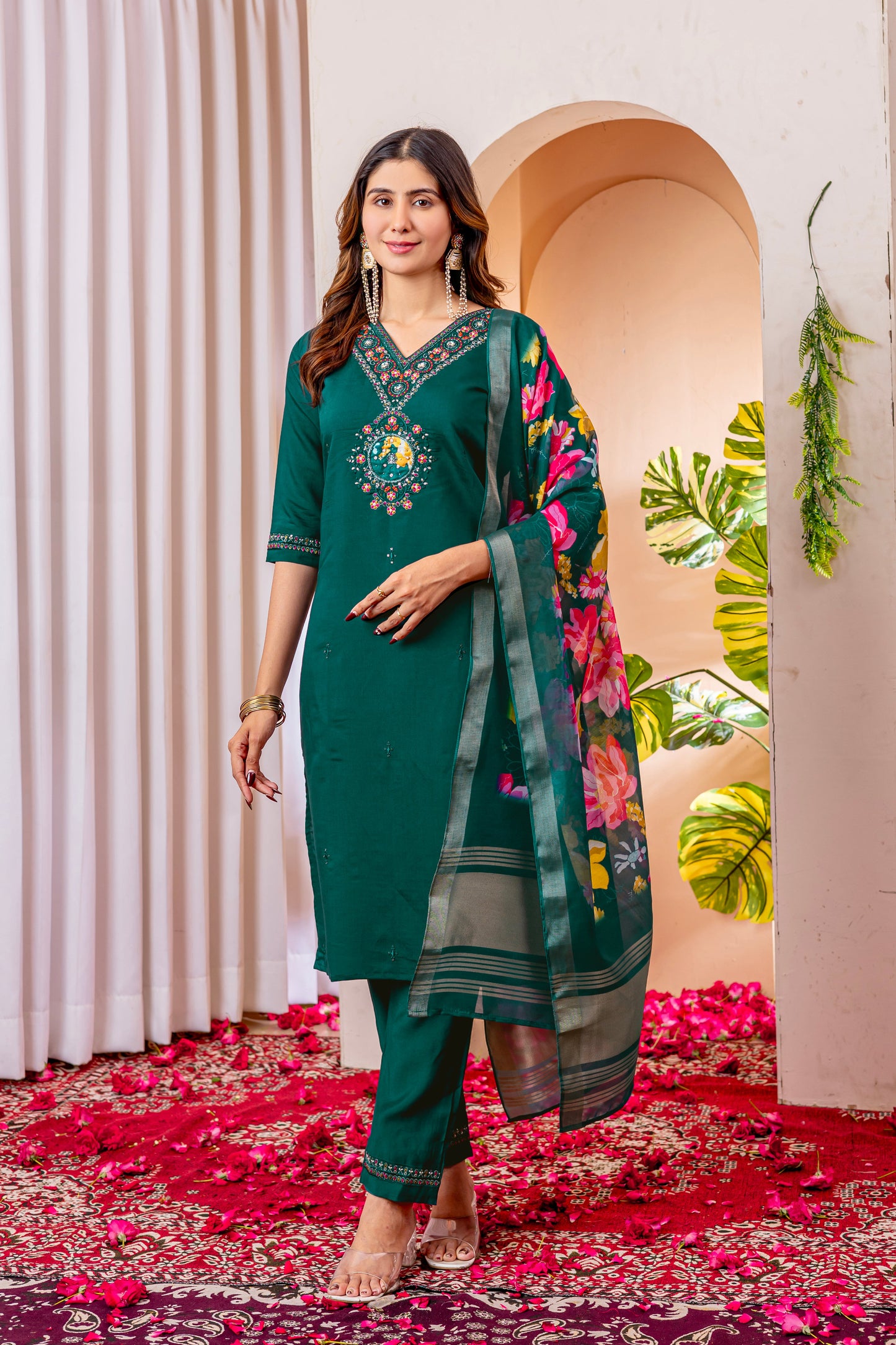 Forest Green Embroidered Marina Viscose Silk Suit Set with Floral Chanderi Dupatta