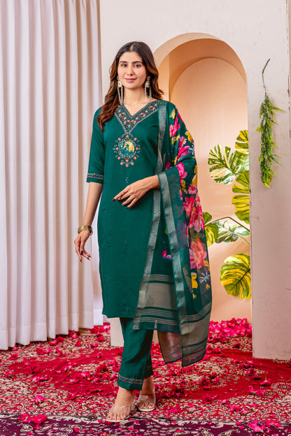 Forest Green Embroidered Marina Viscose Silk Suit Set with Floral Chanderi Dupatta