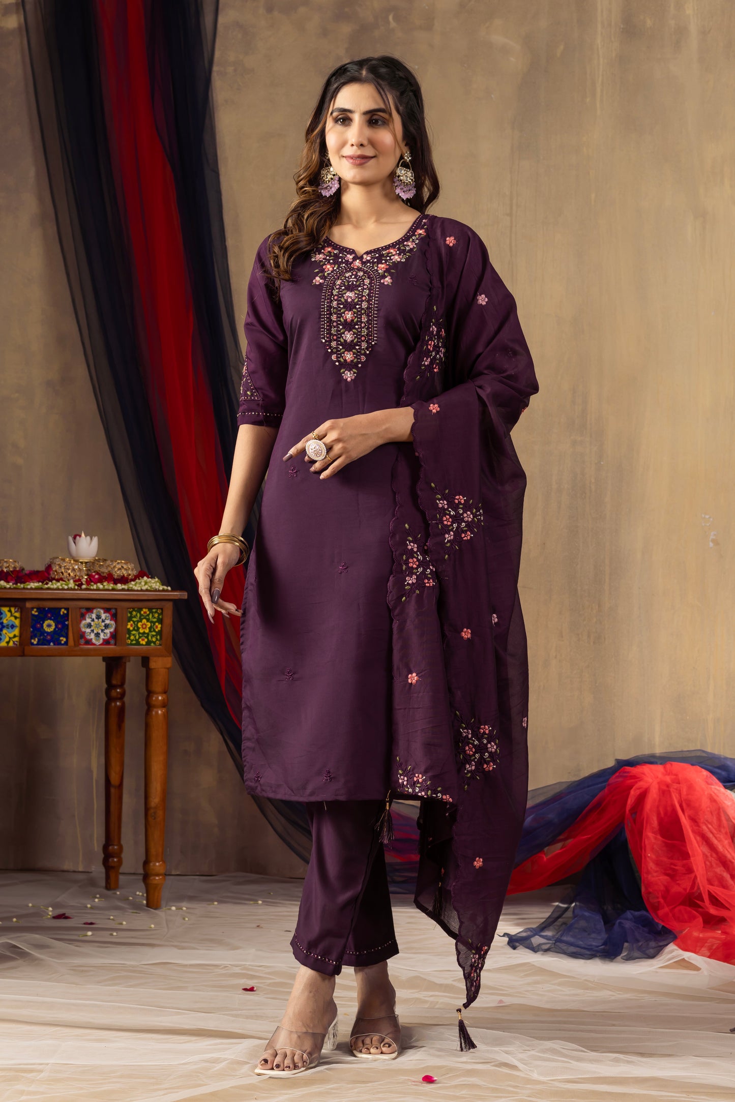 Deep Wine Embroidered Roman Silk Suit Set with Scalloped Chanderi Dupatta