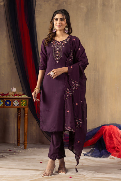 Deep Wine Embroidered Roman Silk Suit Set with Scalloped Chanderi Dupatta