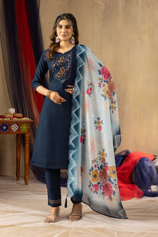 Navy Blue Embroidered Straight Suit Set with Floral Scalloped Dupatta