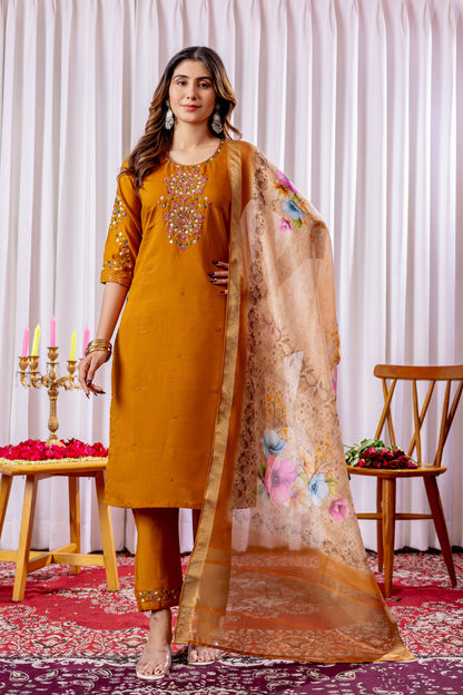Mustard Yellow Embroidered Viscose Silk Suit Set with Printed Chanderi Dupatta