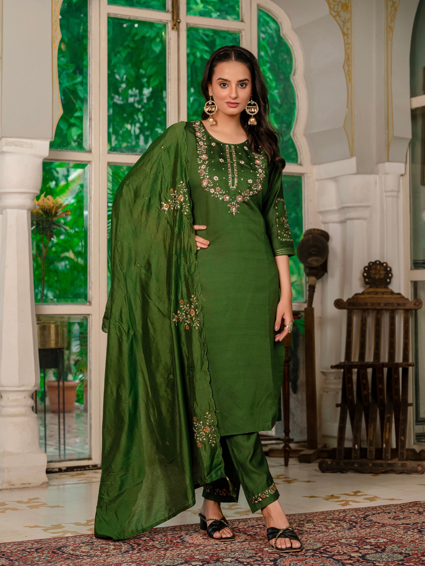 Mehndi Green Embroidered Marina Silk Suit Set with Maslin Dupatta