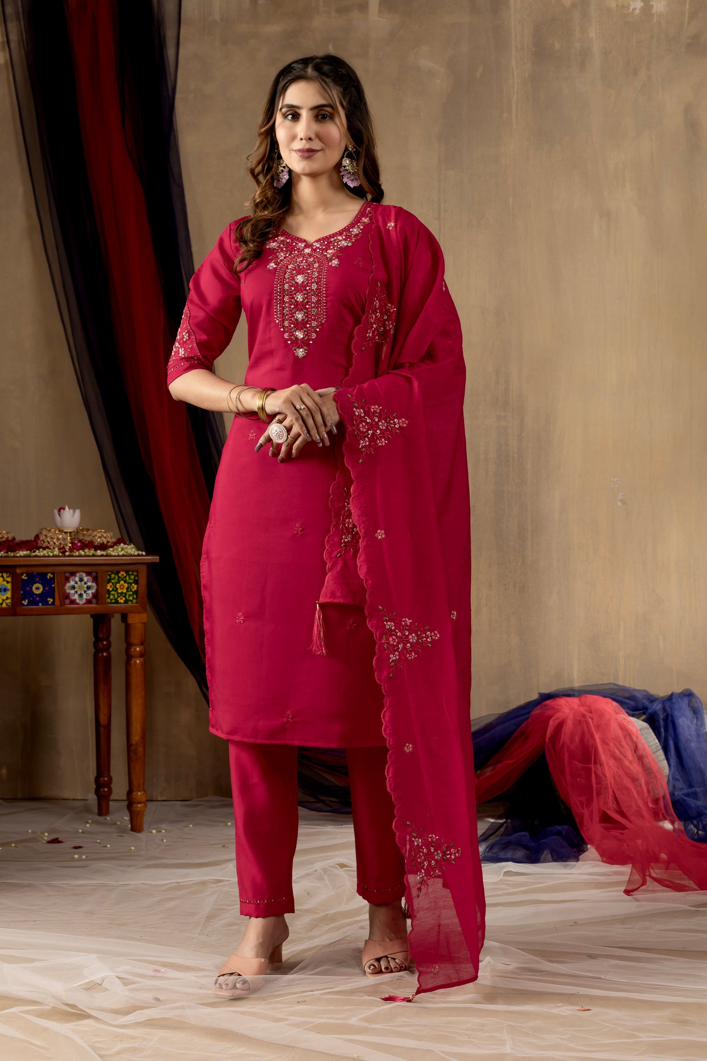 Fuchsia Pink Embroidered Roman Silk Suit Set with Scalloped Chanderi Dupatta
