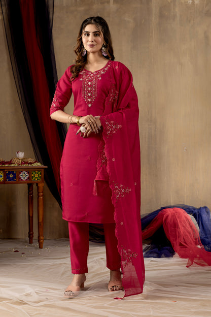 Fuchsia Pink Embroidered Roman Silk Suit Set with Scalloped Chanderi Dupatta