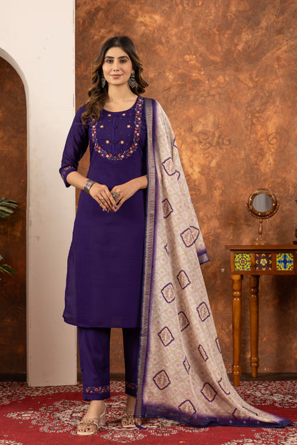 Deep Purple Hand Embroidered Marina Silk Suit Set with Muslin Dupatta