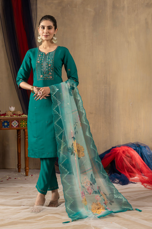 Rama Green Embroidered Roman Silk Suit Set with Floral Mirror-Work Dupatta