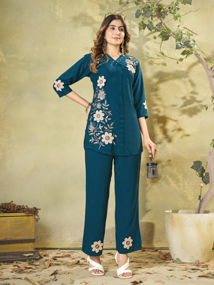 Premium Morpich Blue Embroidered Heavy Rayon Co-ord Set