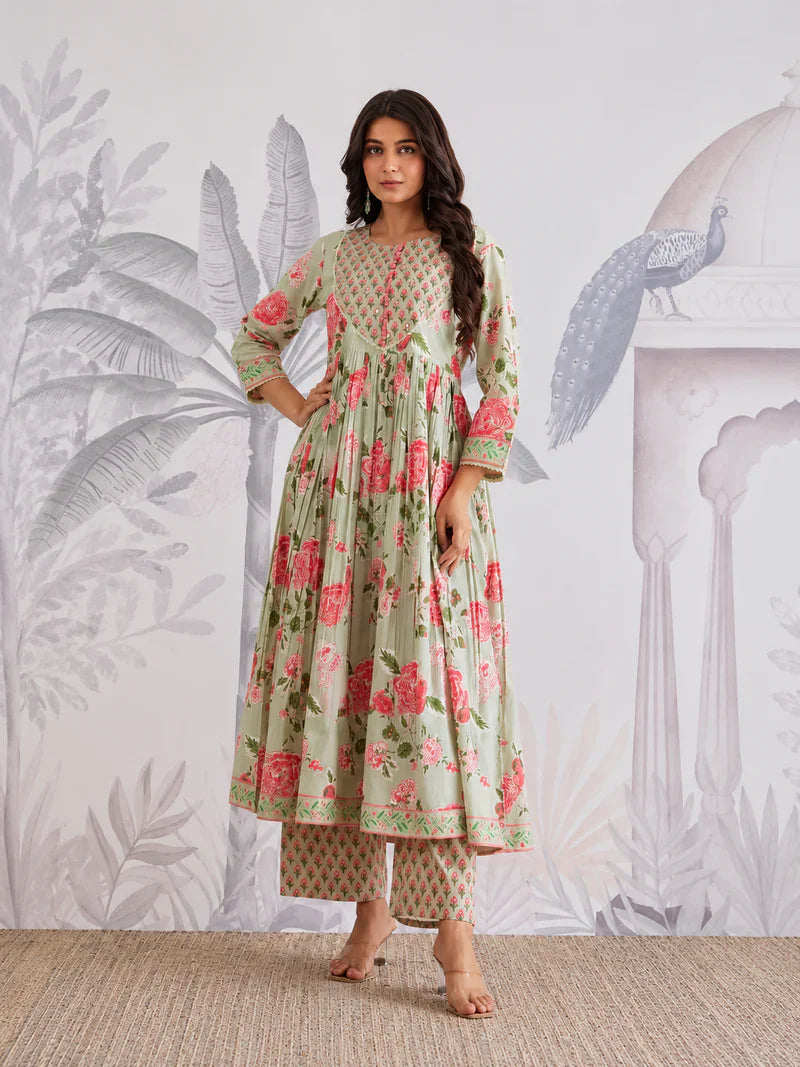 Premium Pista Green Floral Jaipuri Cotton Flared Anarkali Suit Set