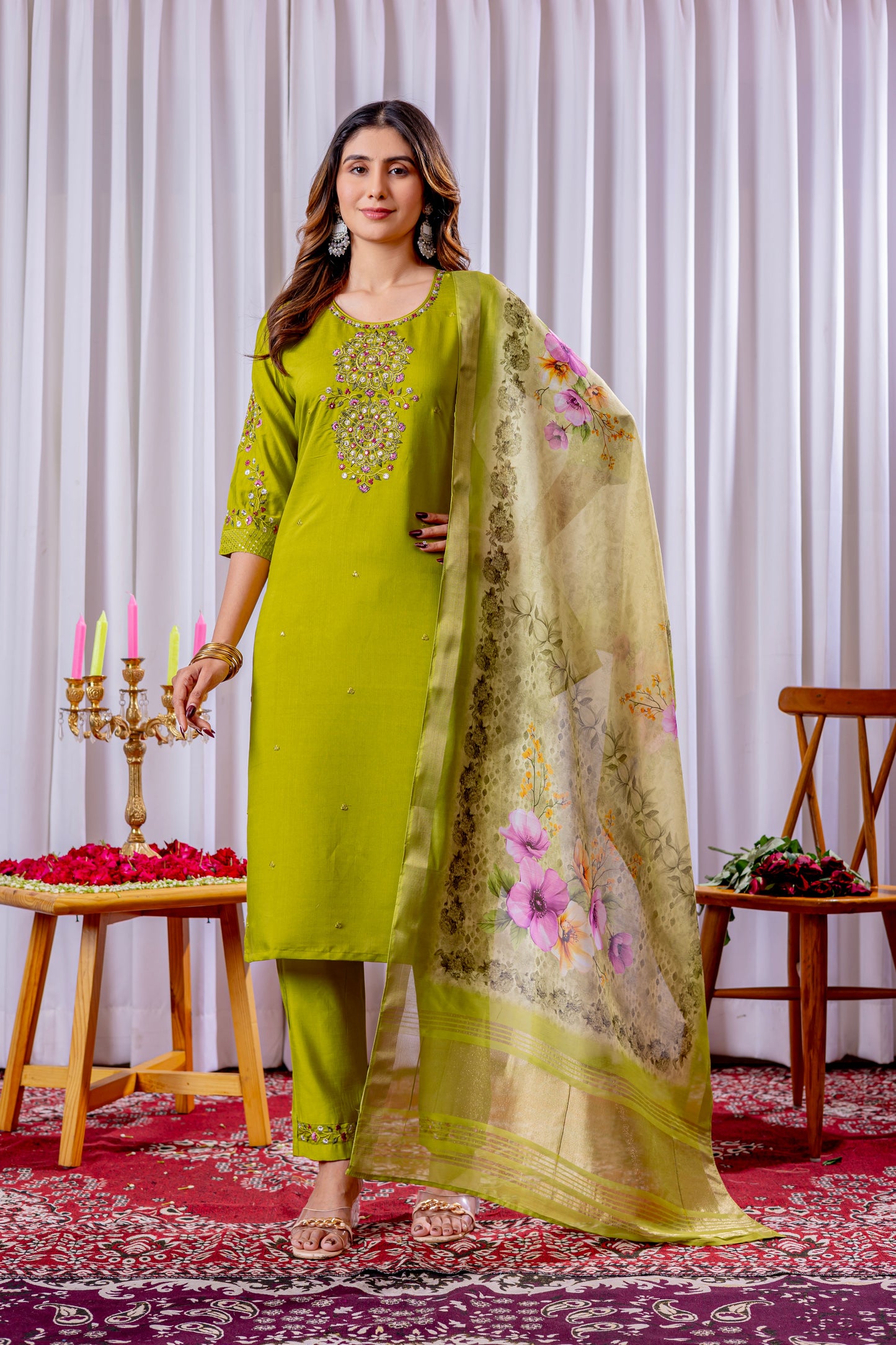 Parrot Green Embroidered Viscose Silk Suit Set with Printed Chanderi Dupatta