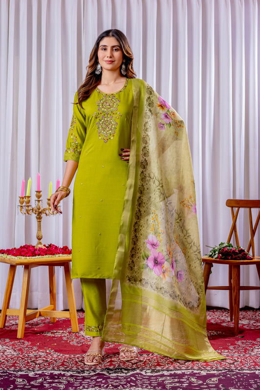 Parrot Green Embroidered Viscose Silk Suit Set with Printed Chanderi Dupatta