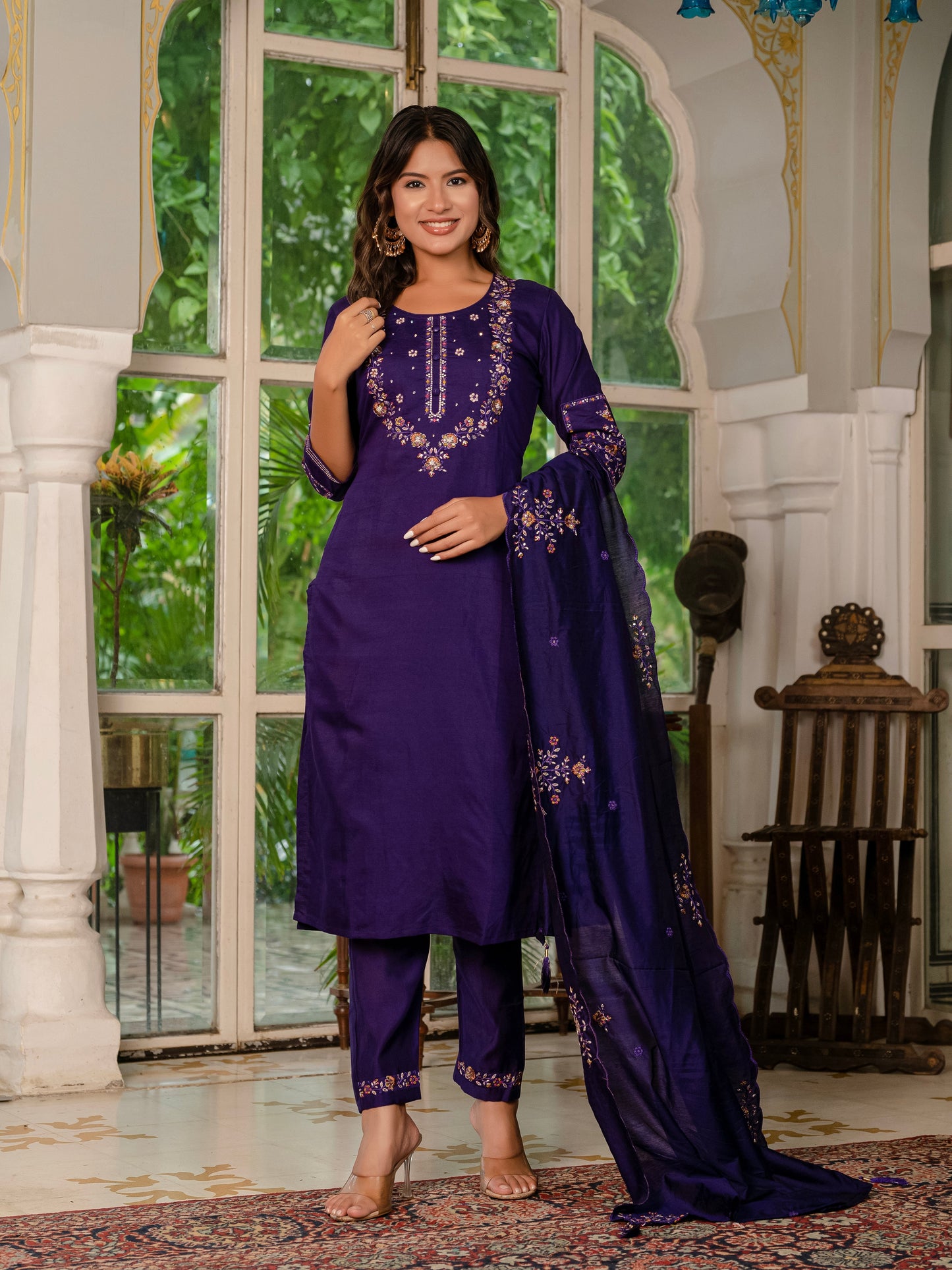 Deep Violet Embroidered Marina Silk Suit Set with Maslin Dupatta