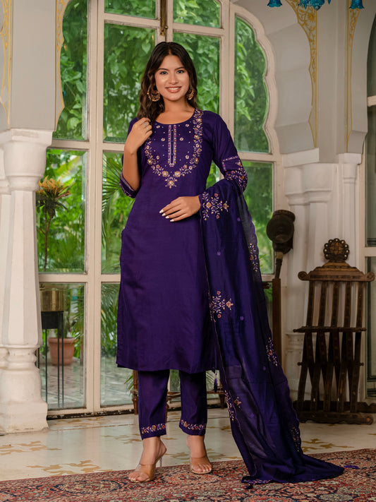 Deep Violet Embroidered Marina Silk Suit Set with Maslin Dupatta