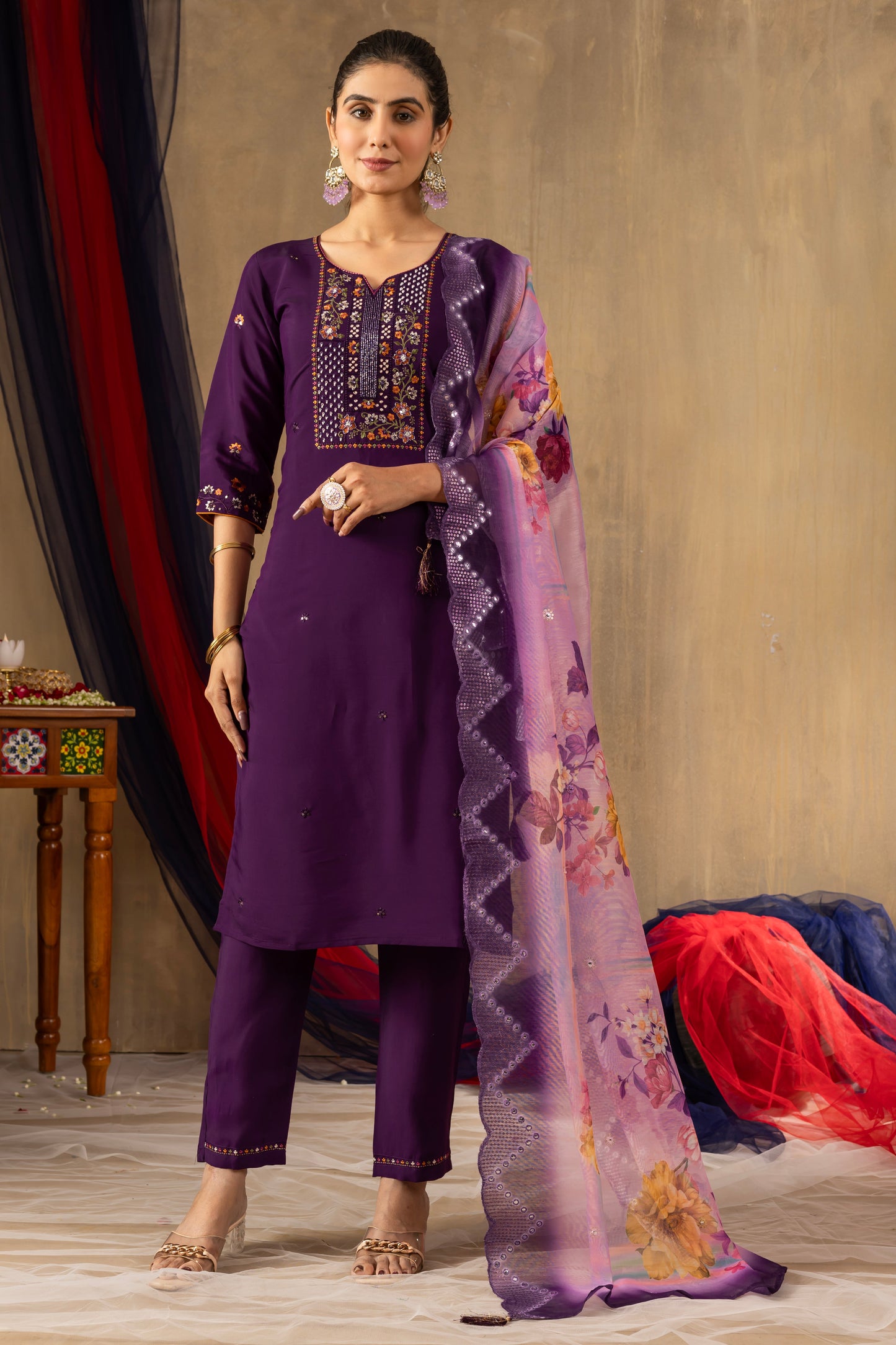 Deep Purple Embroidered Roman Silk Suit Set with Floral Mirror