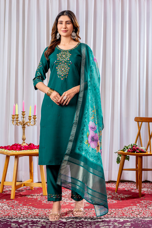 Emerald Green Embroidered Viscose Silk Suit Set with Printed Chanderi Dupatta