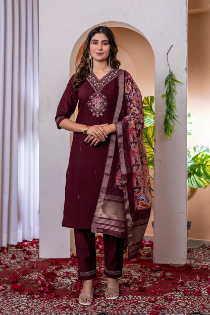 Deep Wine V-Neck Marina Viscose Silk Suit Set with Printed Chanderi Dupatta