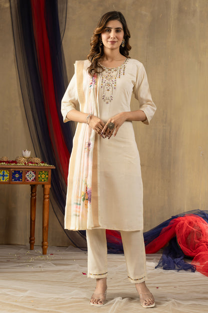 Off-White Embroidered Shimmer Silk Suit Set with Digital Print Muslin Dupatta