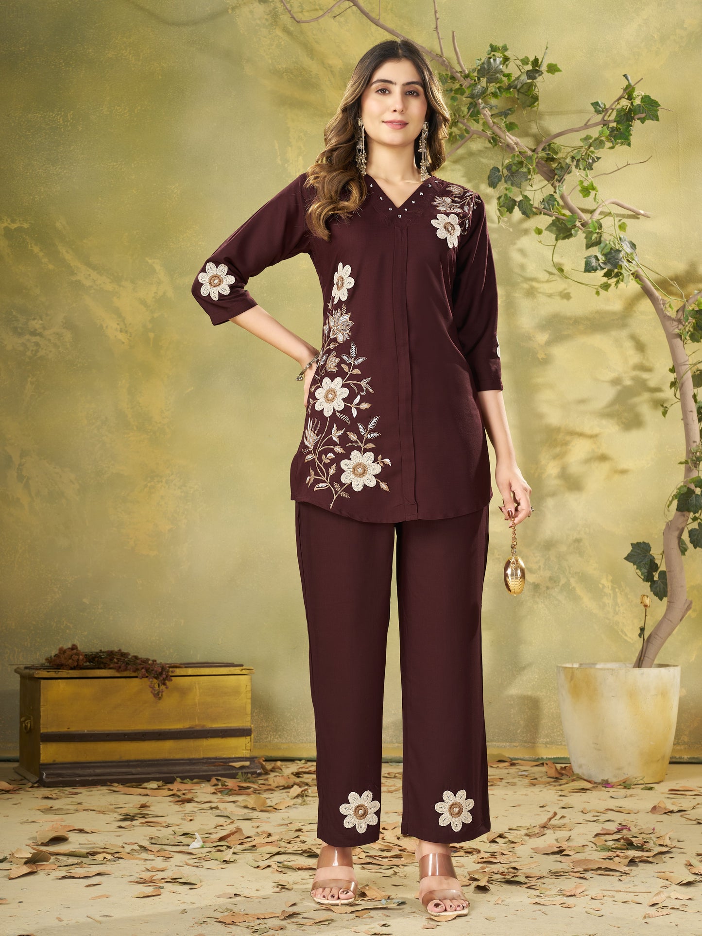 Premium Brown Embroidered Heavy Rayon Co-ord Set