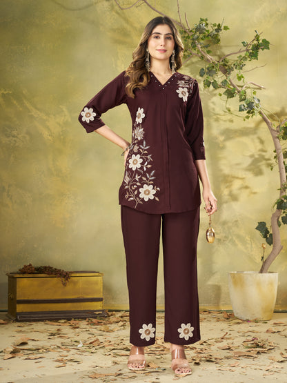 Premium Brown Embroidered Heavy Rayon Co-ord Set